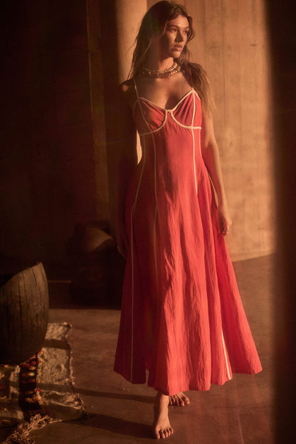 Just Breathe Cotton Piping-Trim Godet Maxi Dress