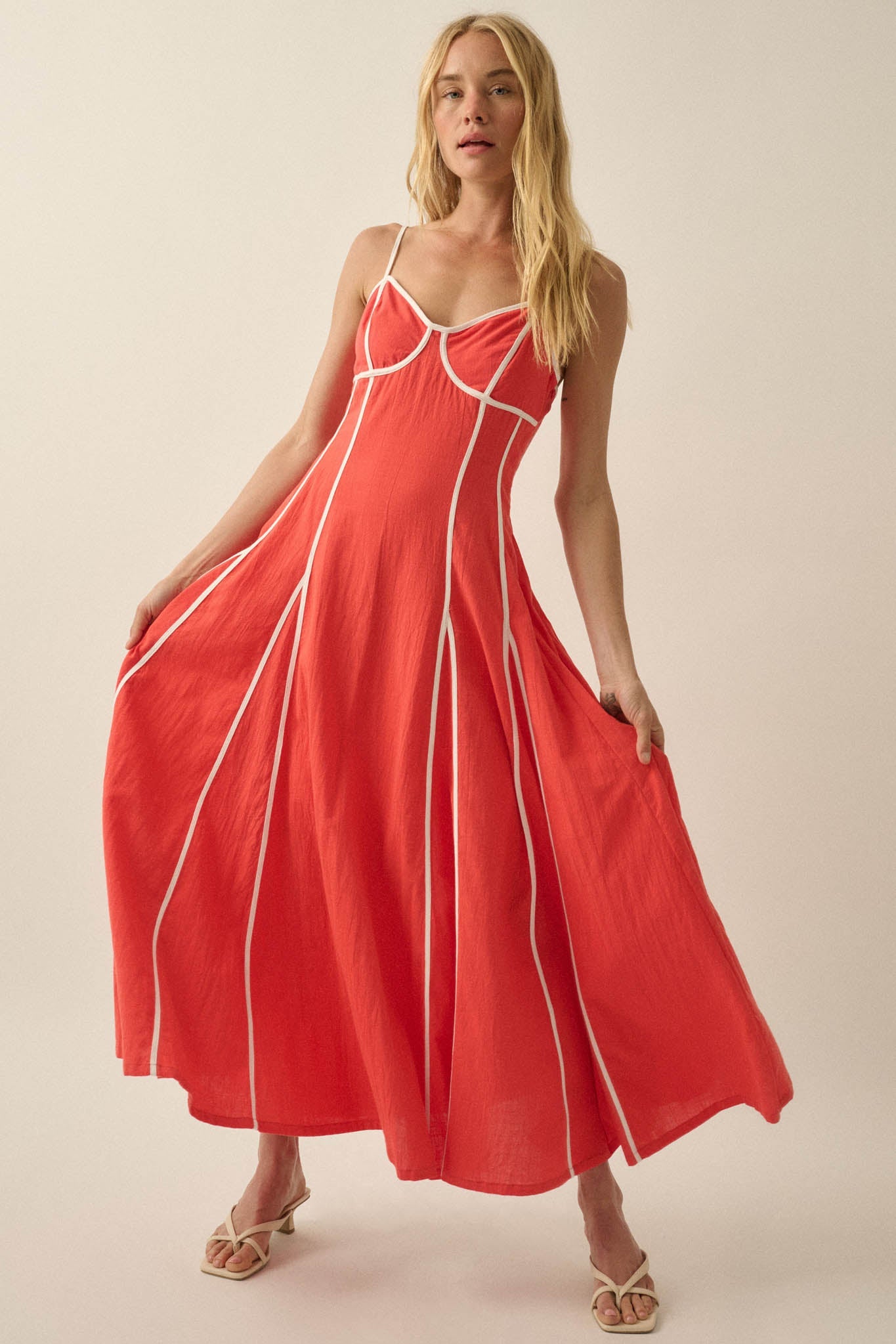 Just Breathe Cotton Piping-Trim Godet Maxi Dress