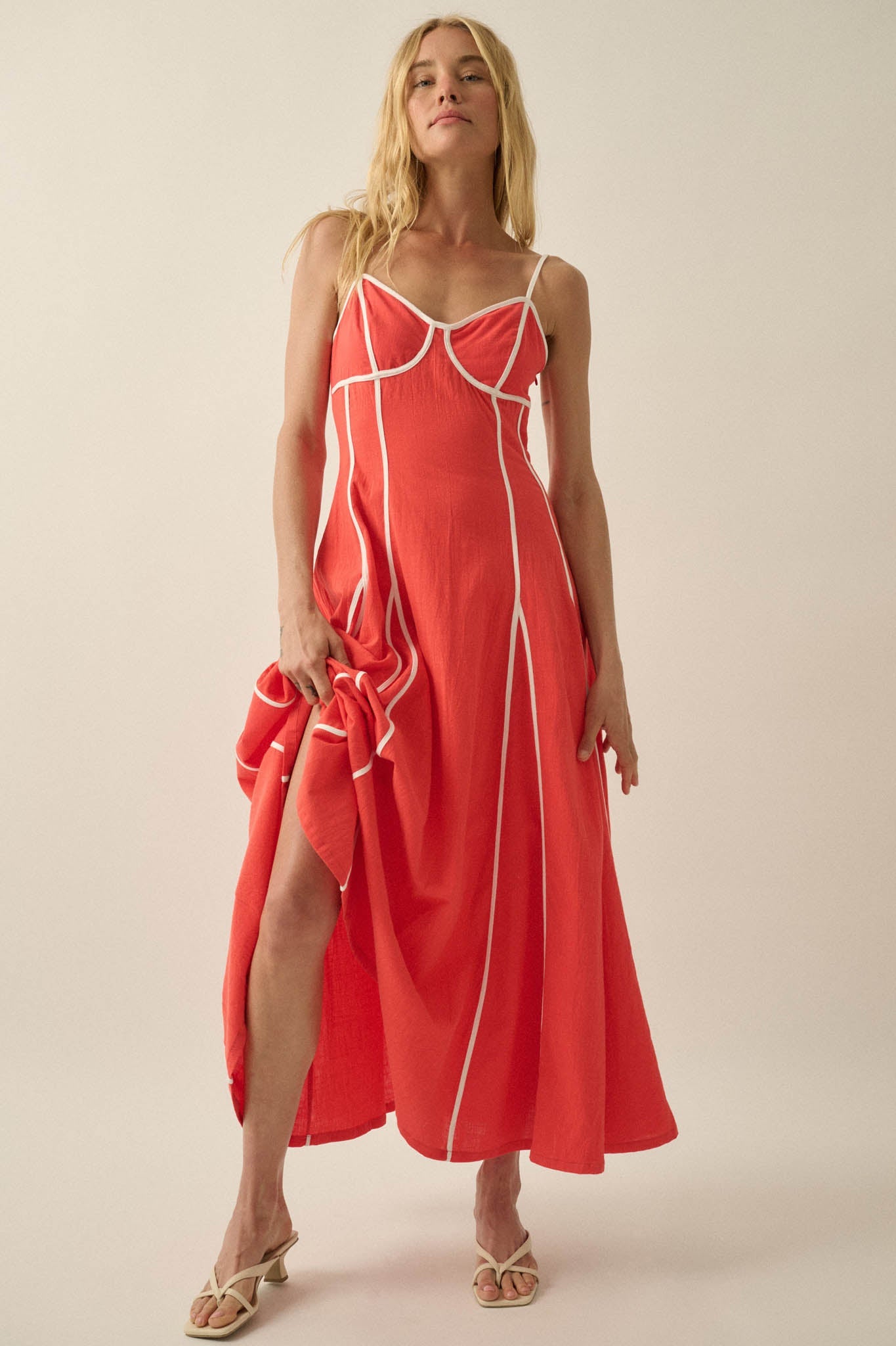 Just Breathe Cotton Piping-Trim Godet Maxi Dress