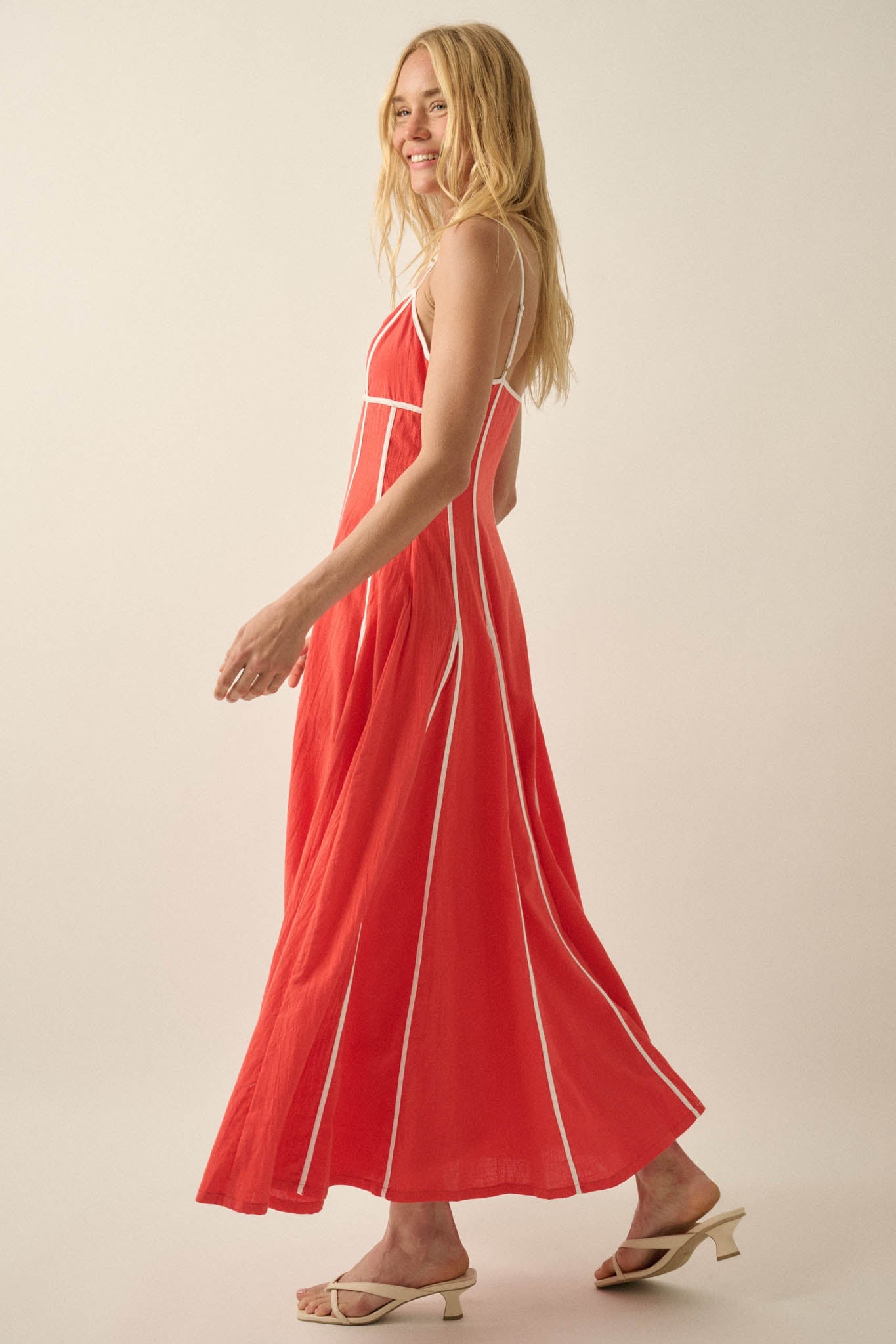 Just Breathe Cotton Piping-Trim Godet Maxi Dress