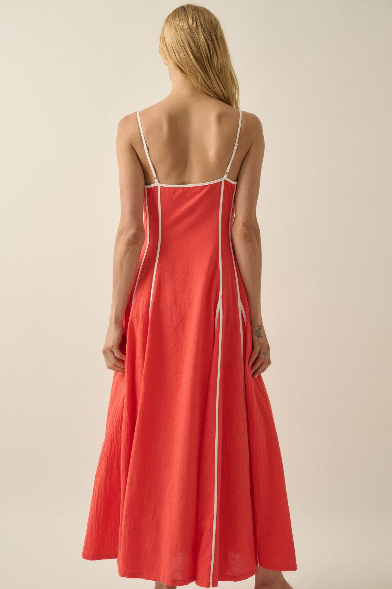 Just Breathe Cotton Piping-Trim Godet Maxi Dress