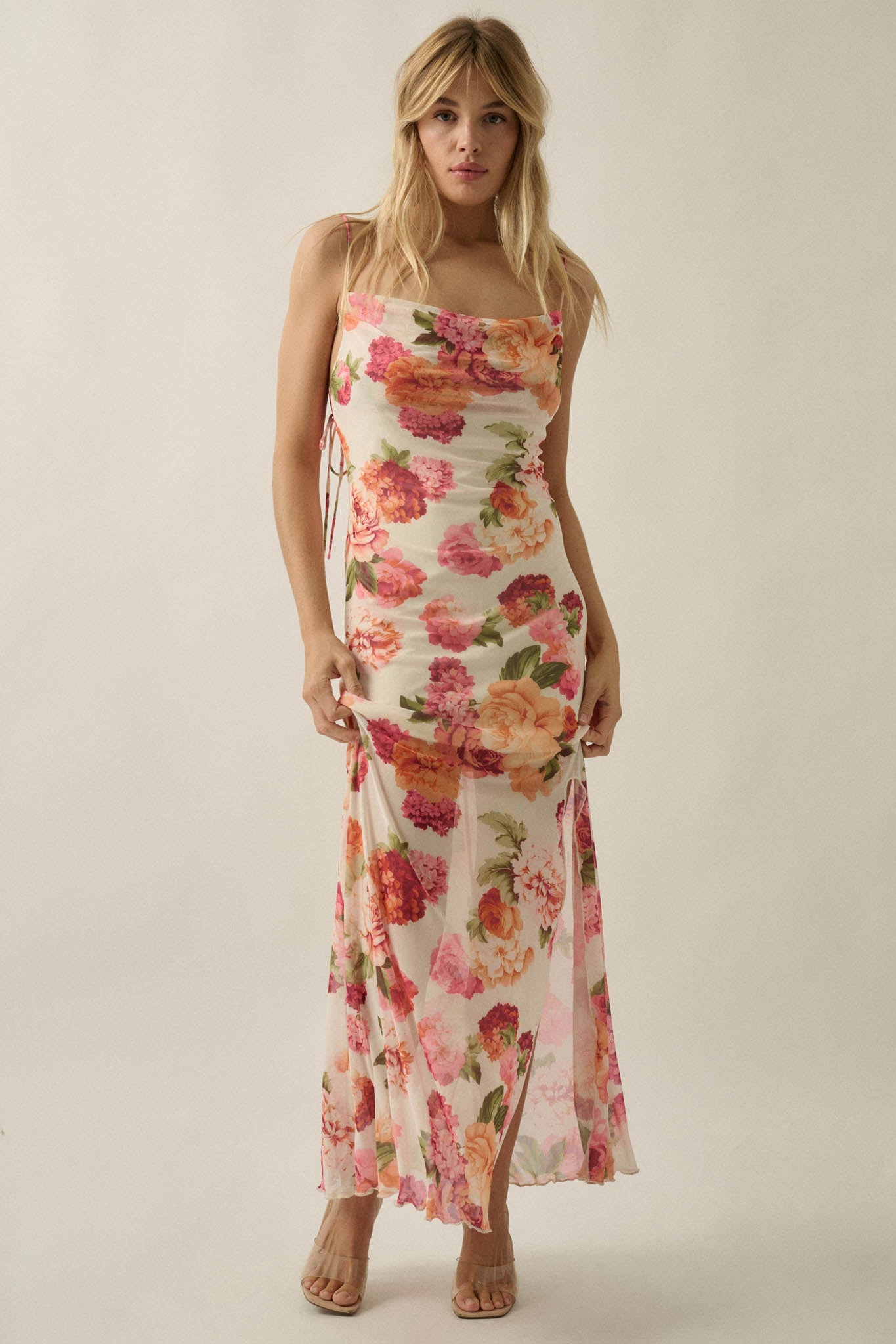 Heirloom Garden Floral Mesh Cowl-Neck Maxi Dress
