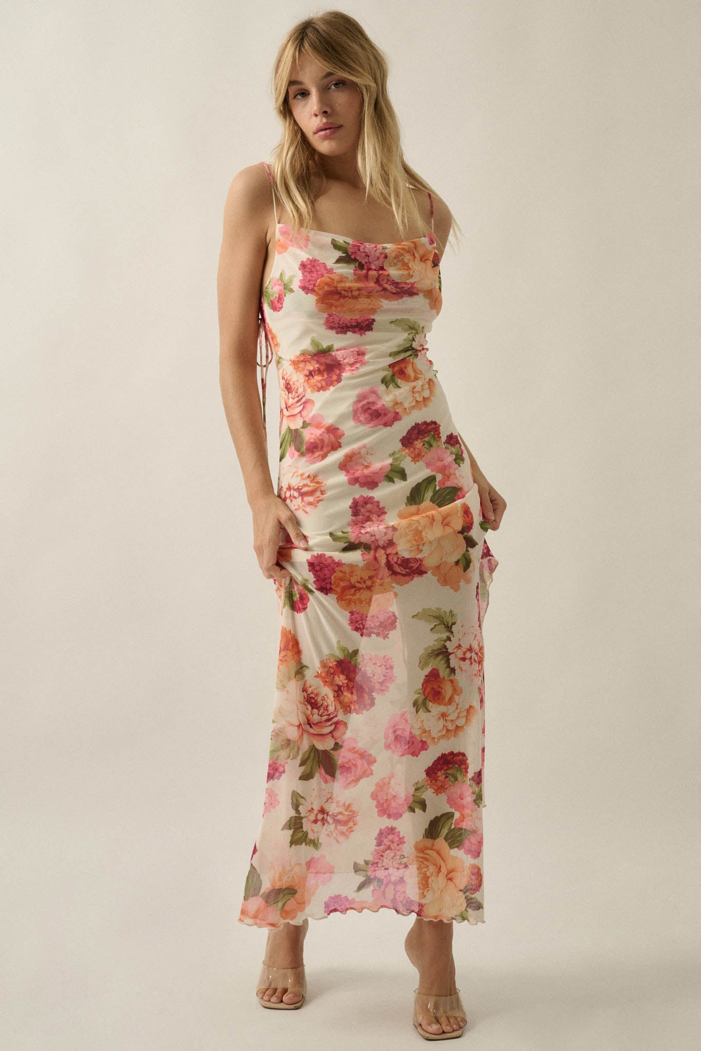 Heirloom Garden Floral Mesh Cowl-Neck Maxi Dress