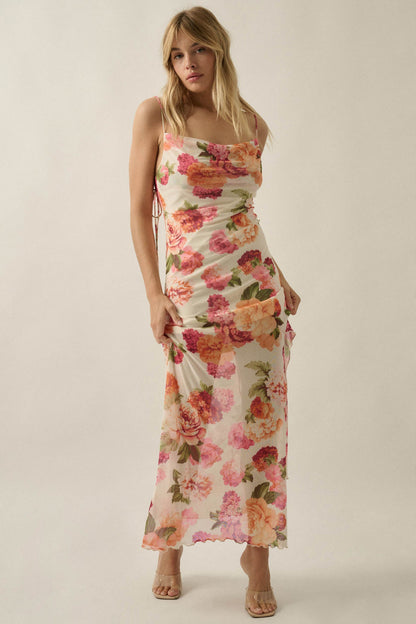 Heirloom Garden Floral Mesh Cowl-Neck Maxi Dress