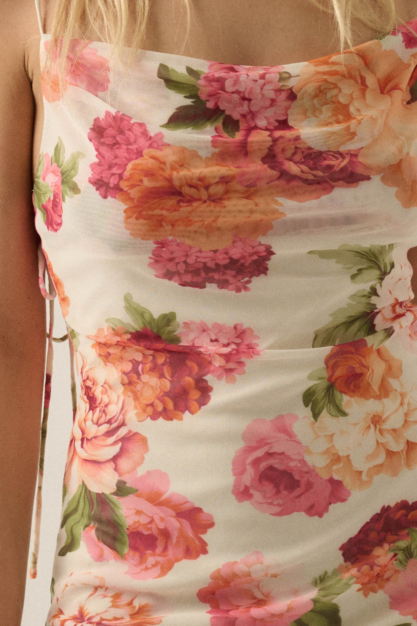 Heirloom Garden Floral Mesh Cowl-Neck Maxi Dress