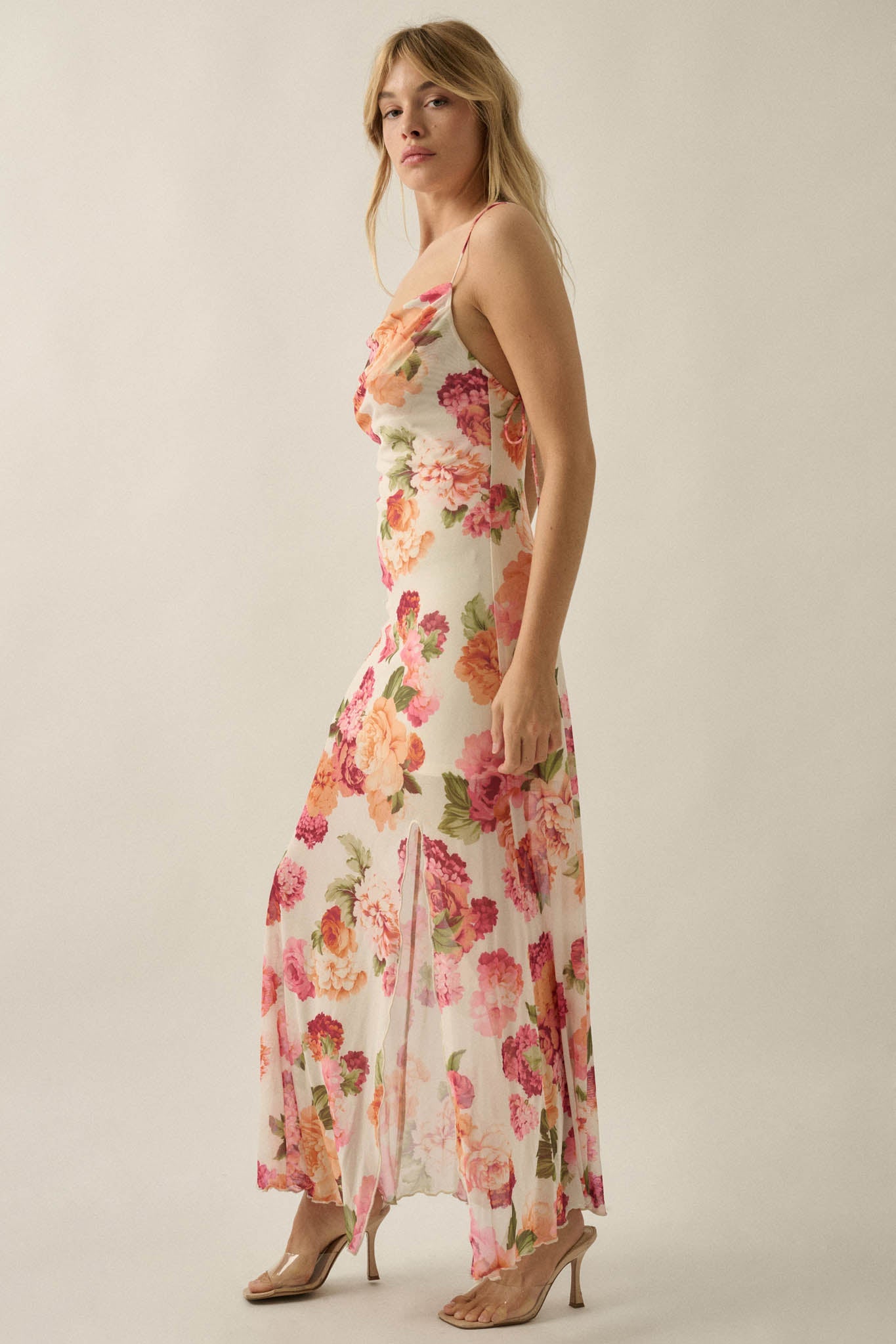 Heirloom Garden Floral Mesh Cowl-Neck Maxi Dress