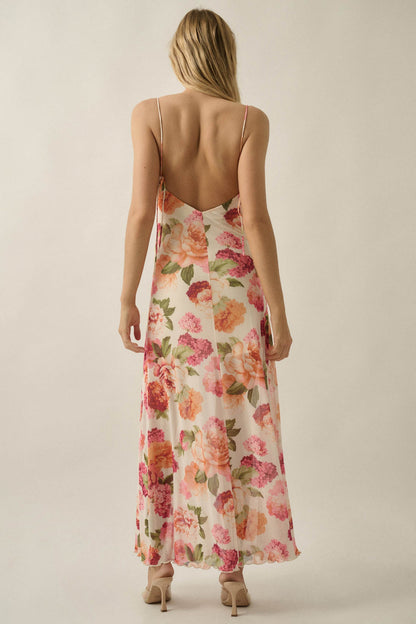 Heirloom Garden Floral Mesh Cowl-Neck Maxi Dress