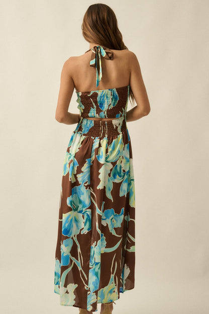 Blue Iris Floral Satin Halter Wrap Maxi Dress