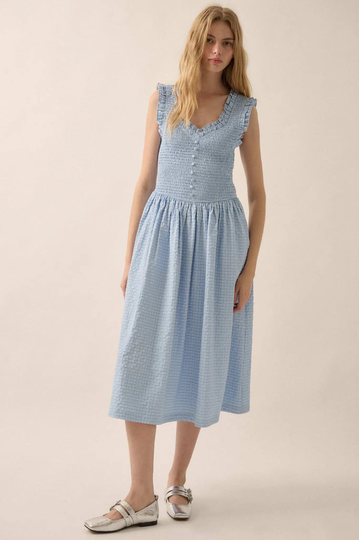Pretty Please Smocked Paid Buttoned Midi Dress