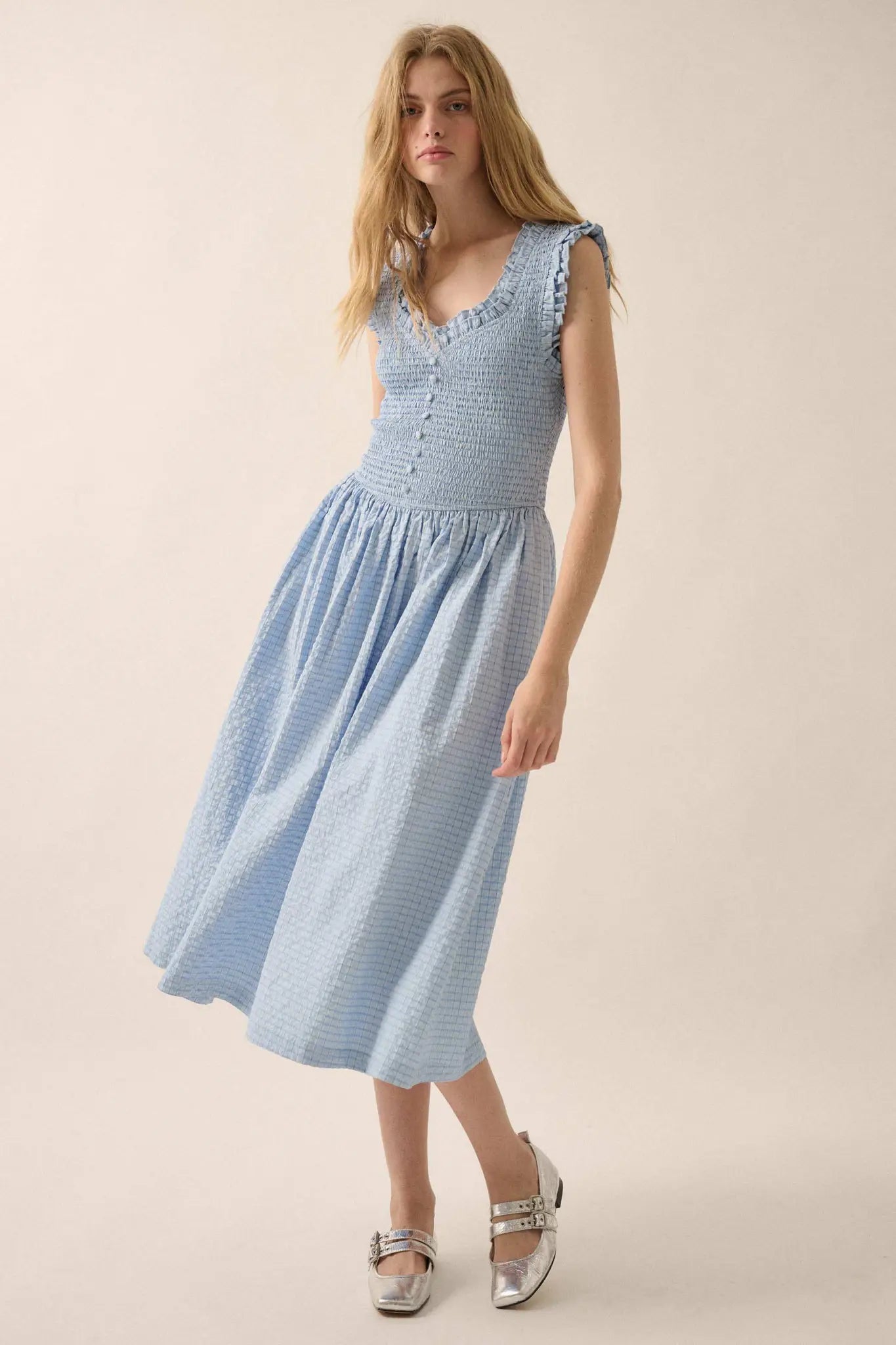 Pretty Please Smocked Paid Buttoned Midi Dress