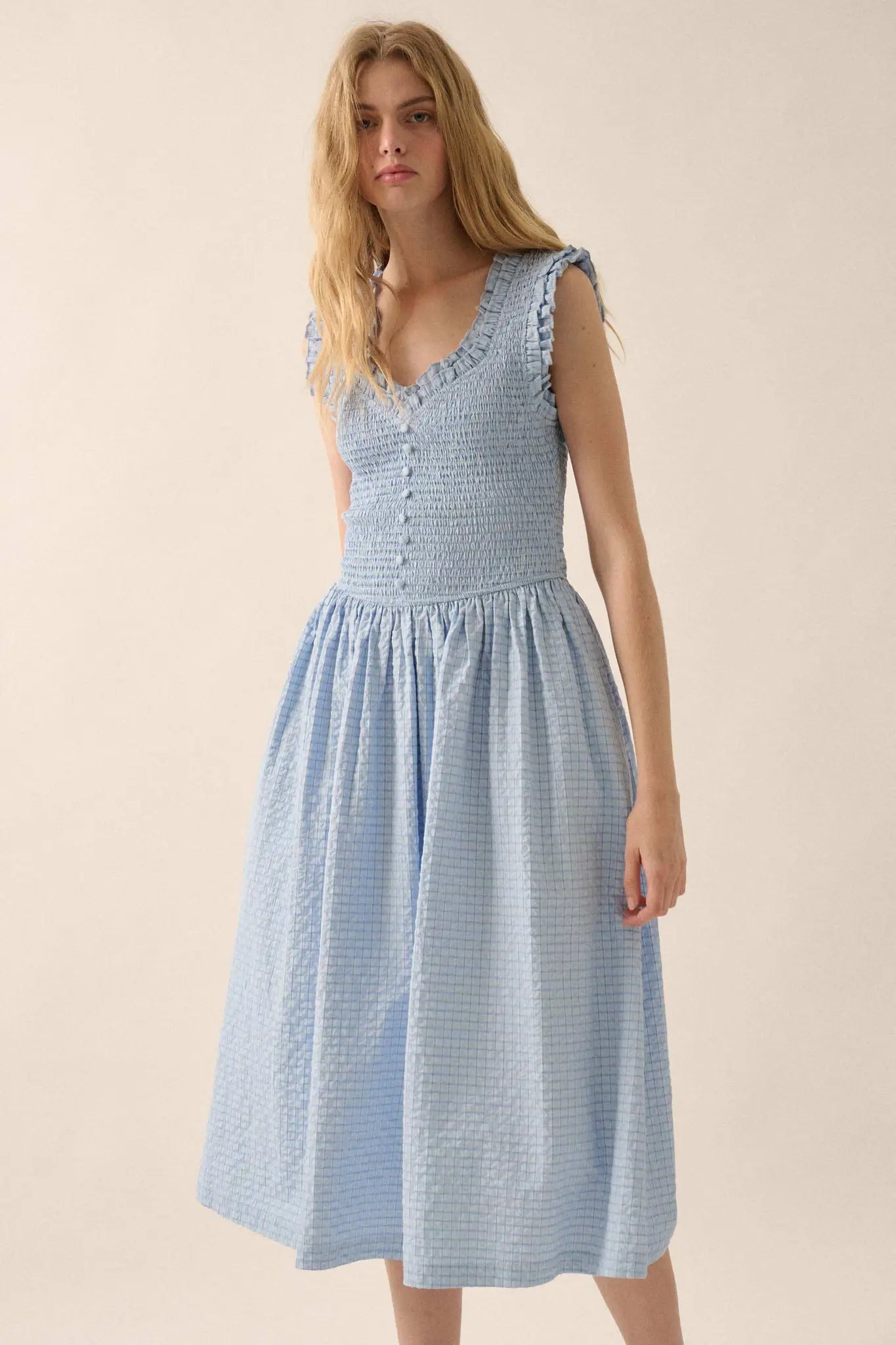 Pretty Please Smocked Paid Buttoned Midi Dress