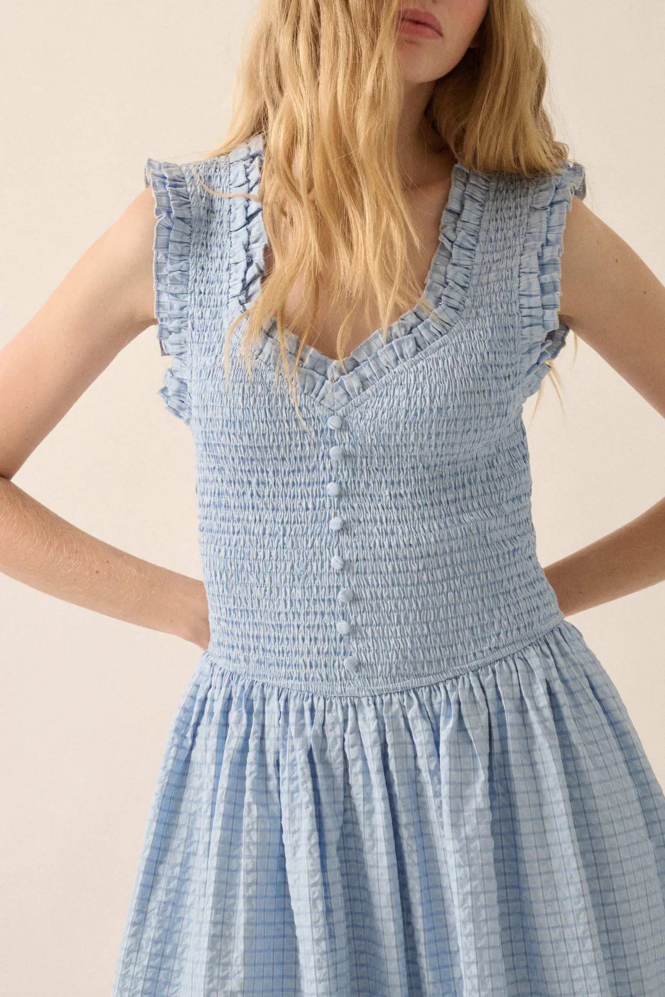 Pretty Please Smocked Paid Buttoned Midi Dress
