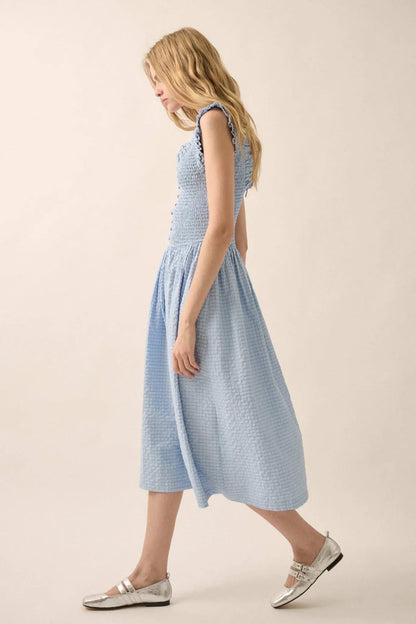 Pretty Please Smocked Paid Buttoned Midi Dress