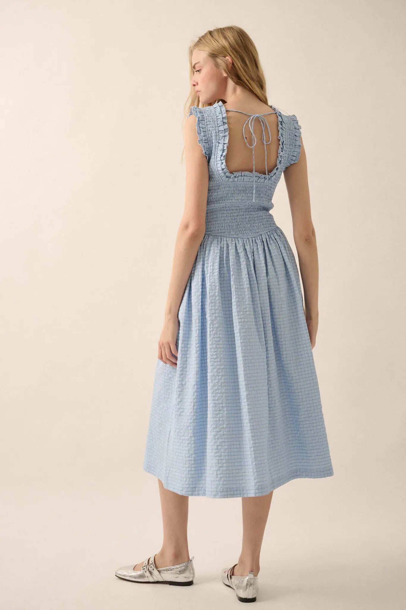 Pretty Please Smocked Paid Buttoned Midi Dress