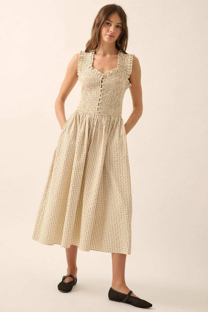 Pretty Please Smocked Paid Buttoned Midi Dress
