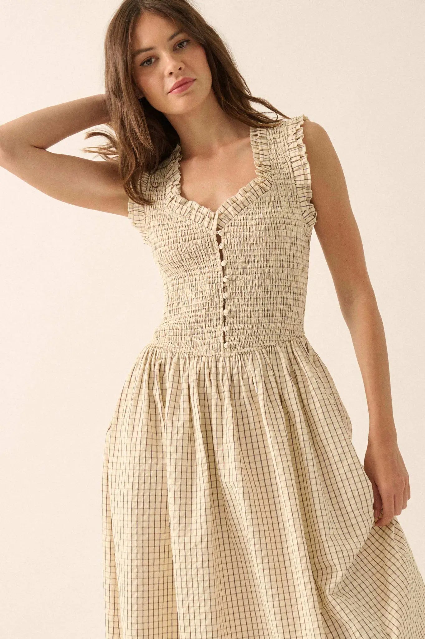Pretty Please Smocked Paid Buttoned Midi Dress