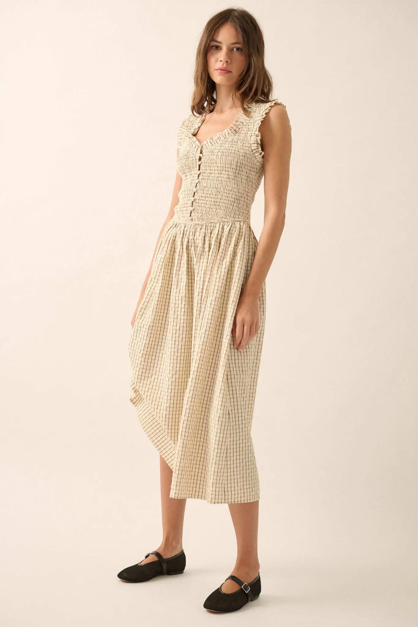 Pretty Please Smocked Paid Buttoned Midi Dress