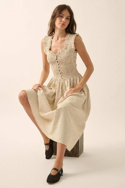 Pretty Please Smocked Paid Buttoned Midi Dress