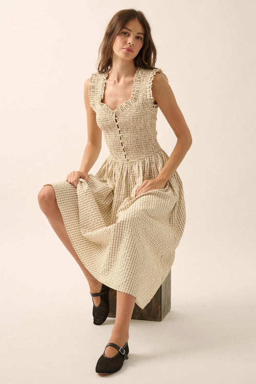 Pretty Please Smocked Paid Buttoned Midi Dress