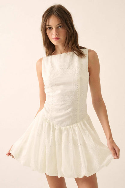 Pure Love Eyelet Lace Boatneck Bubble Mini Dress