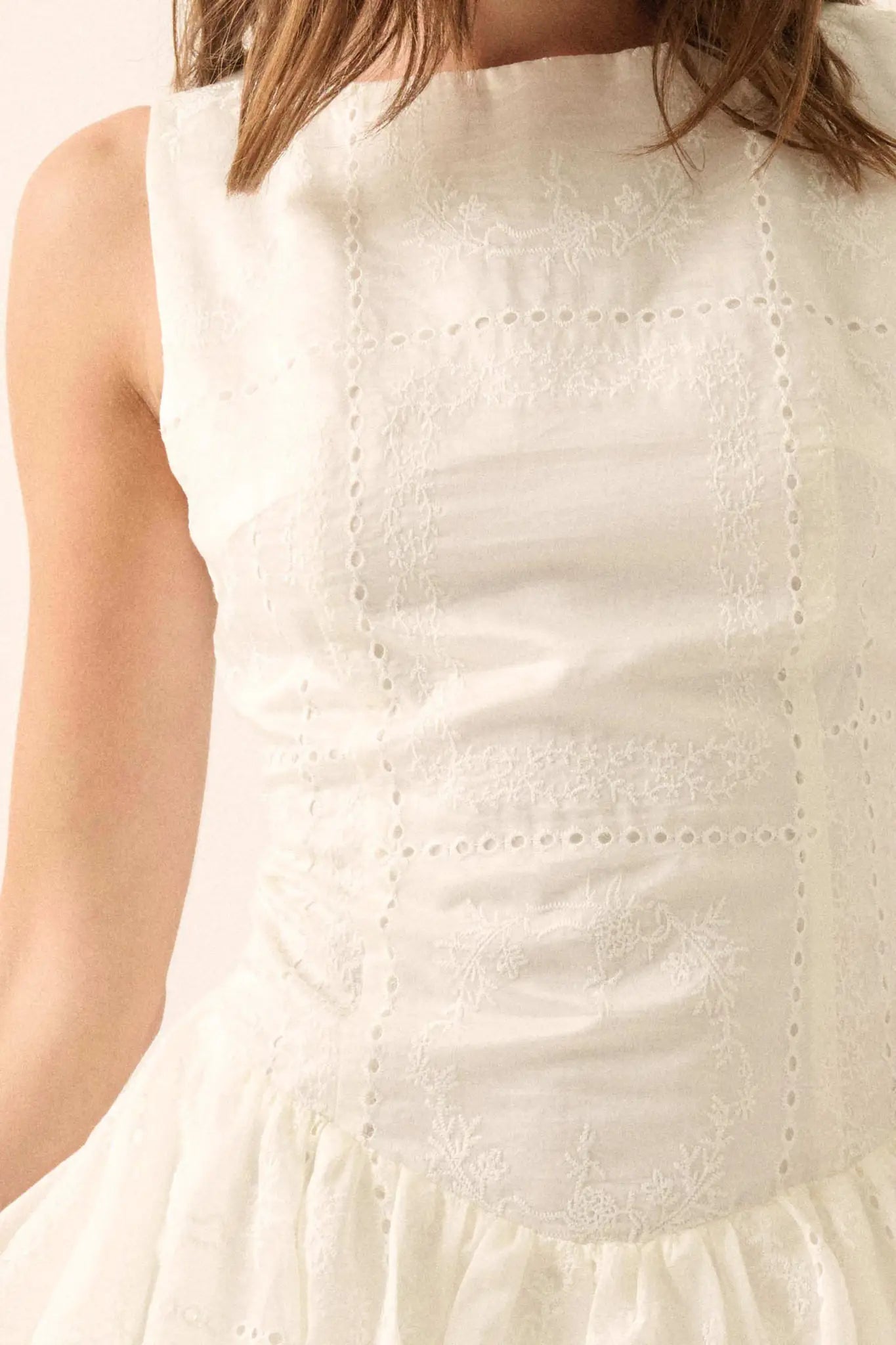 Pure Love Eyelet Lace Boatneck Bubble Mini Dress