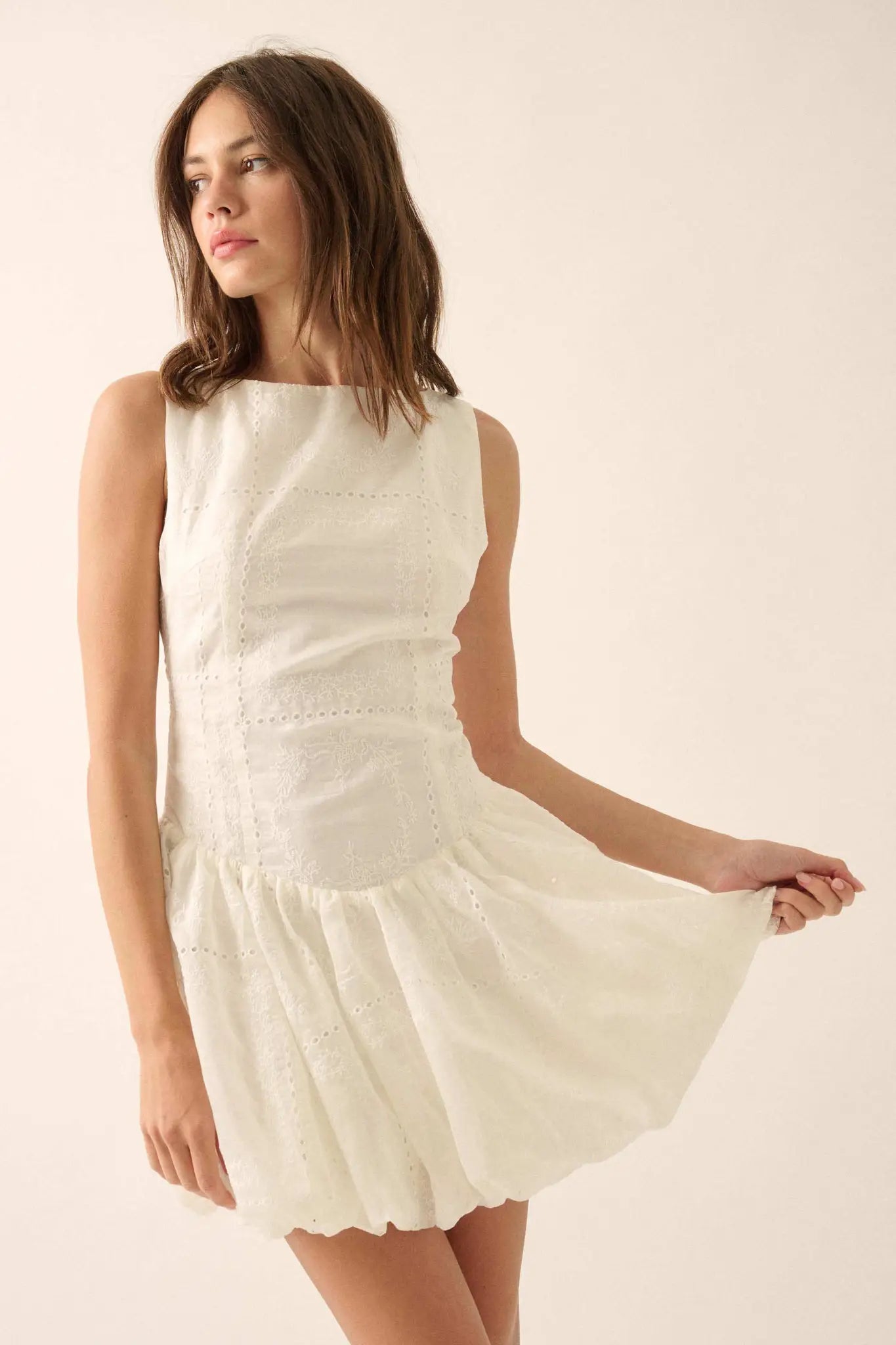Pure Love Eyelet Lace Boatneck Bubble Mini Dress