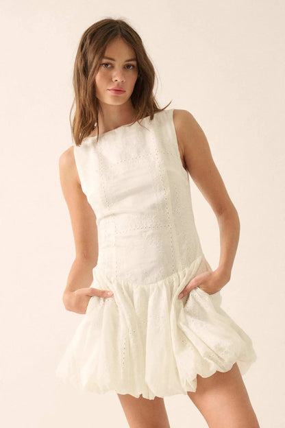 Pure Love Eyelet Lace Boatneck Bubble Mini Dress