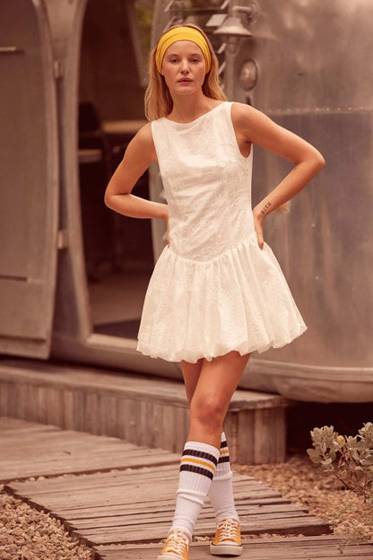 Pure Love Eyelet Lace Boatneck Bubble Mini Dress