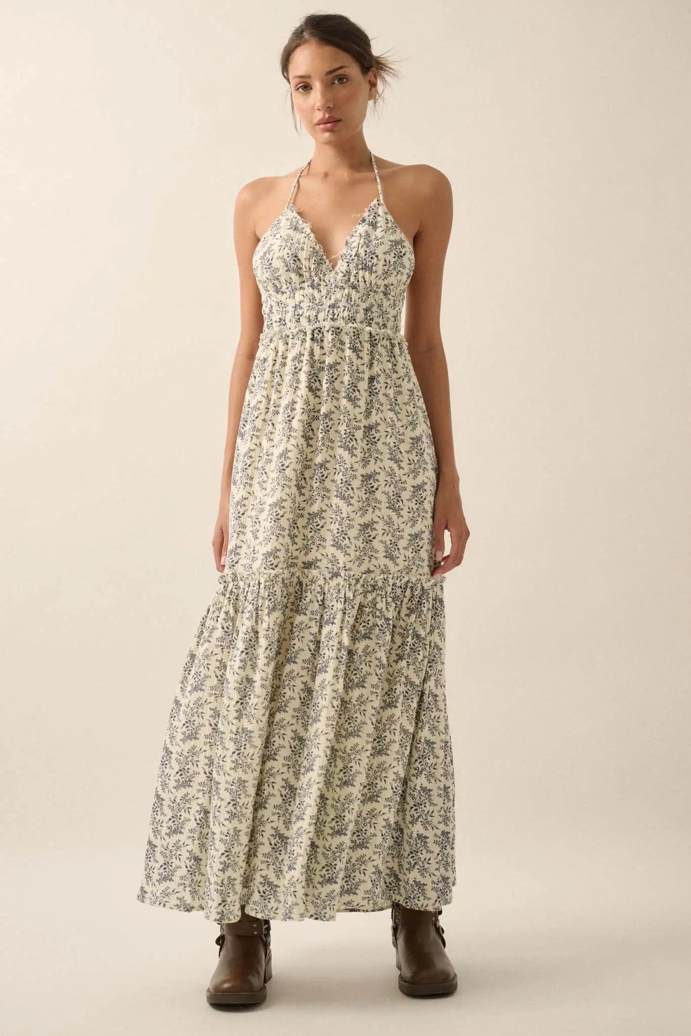 Pretty Posies Floral-Print Gauze Halter Maxi Dress