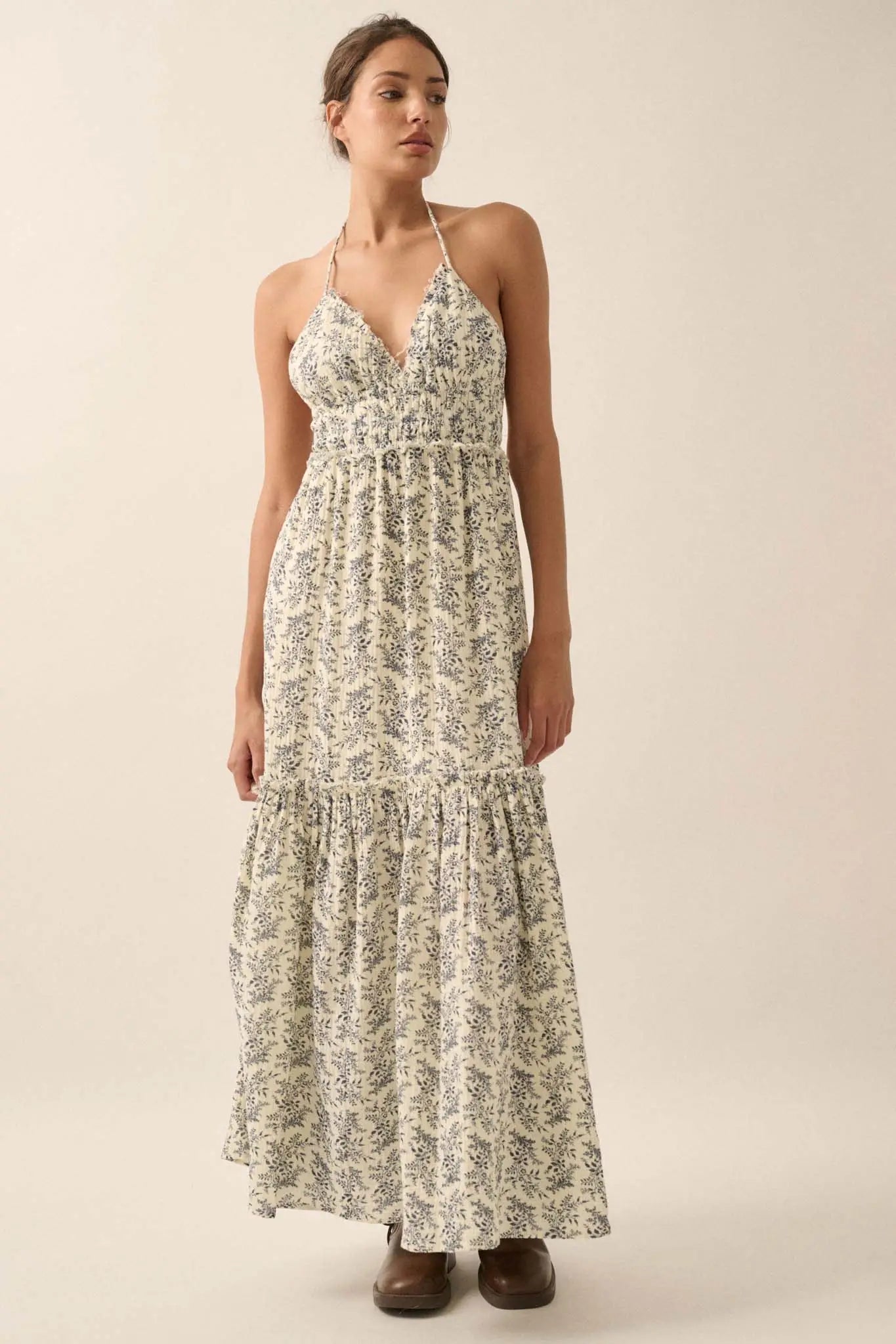 Pretty Posies Floral-Print Gauze Halter Maxi Dress