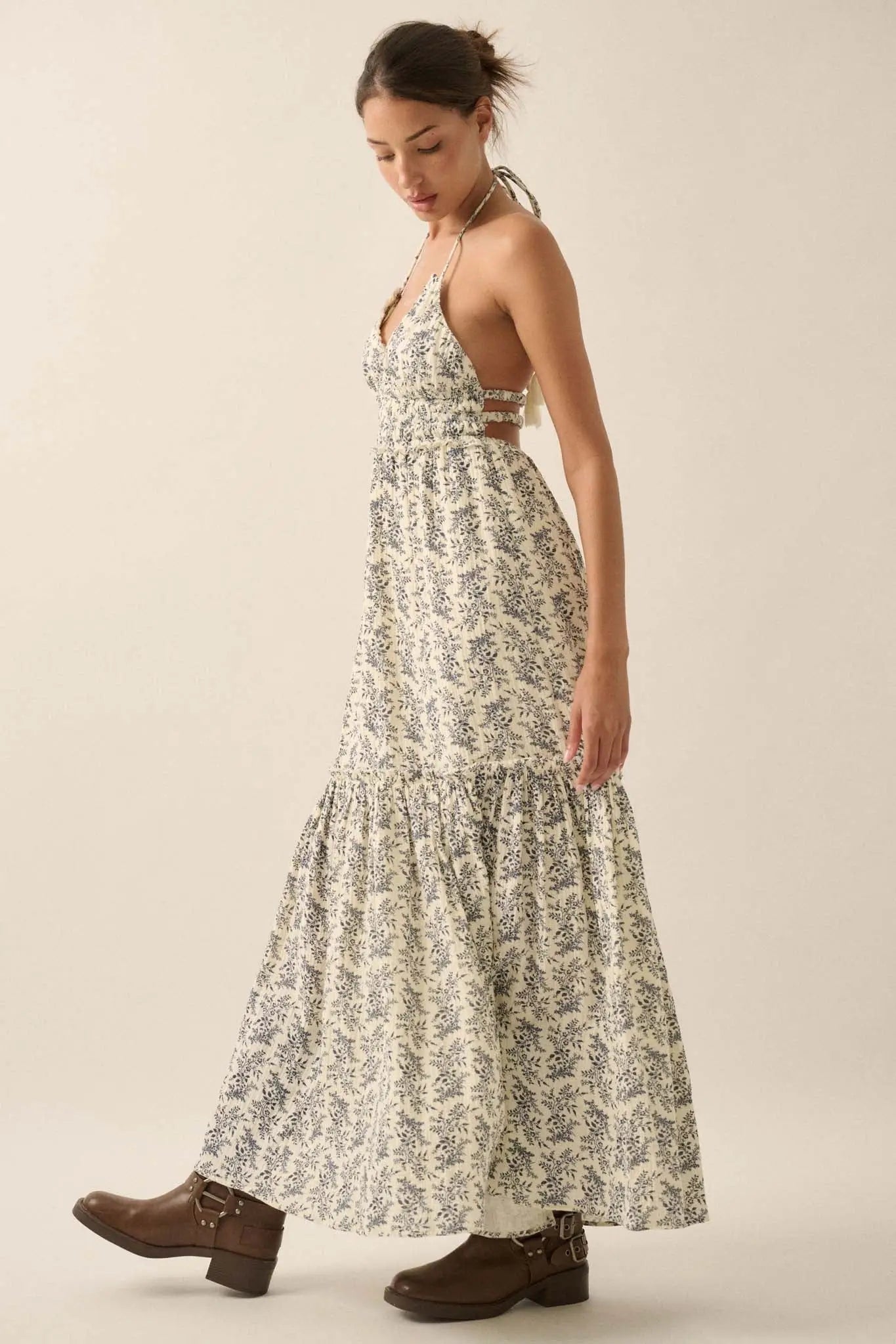 Pretty Posies Floral-Print Gauze Halter Maxi Dress