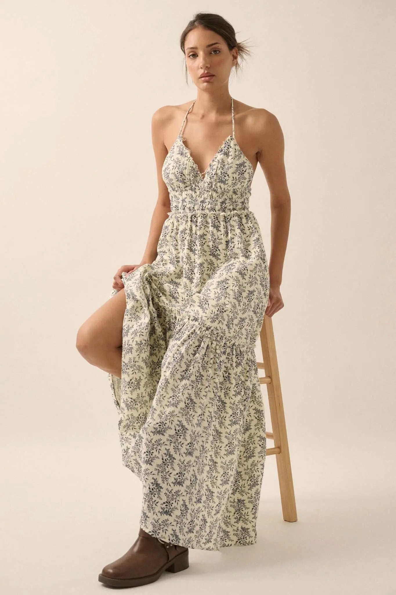 Pretty Posies Floral-Print Gauze Halter Maxi Dress