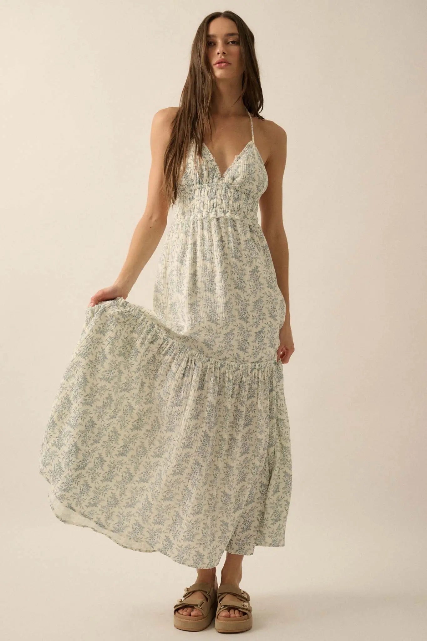 Pretty Posies Floral-Print Gauze Halter Maxi Dress