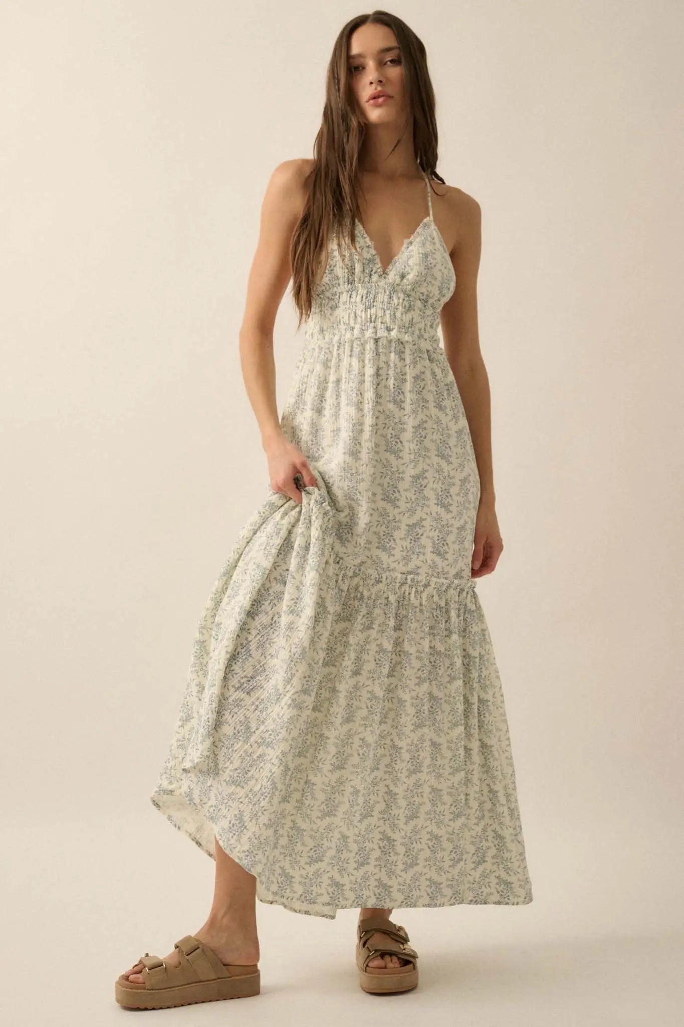Pretty Posies Floral-Print Gauze Halter Maxi Dress