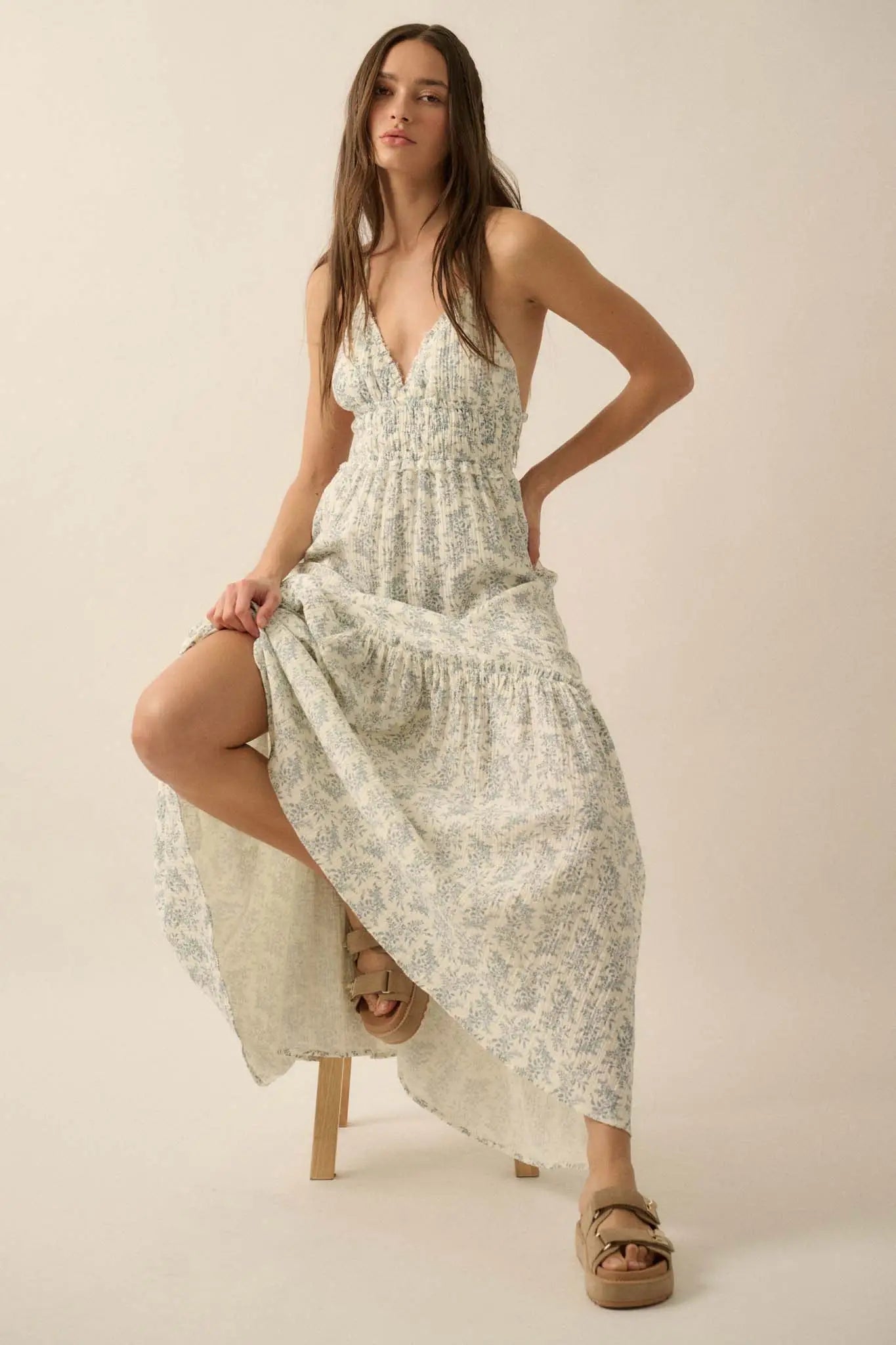 Pretty Posies Floral-Print Gauze Halter Maxi Dress