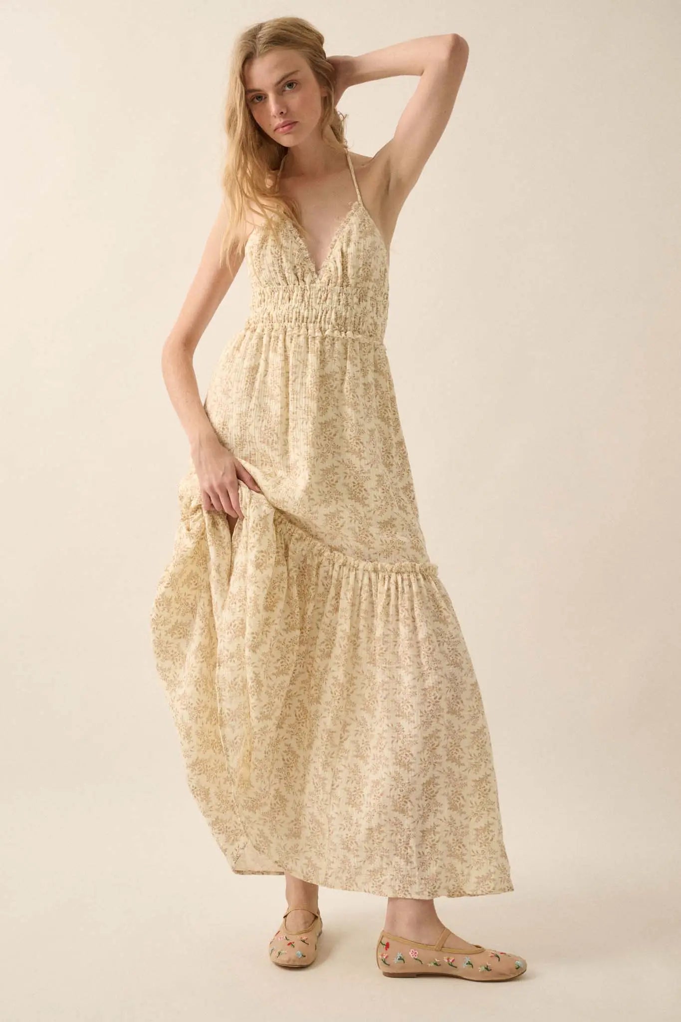 Pretty Posies Floral-Print Gauze Halter Maxi Dress
