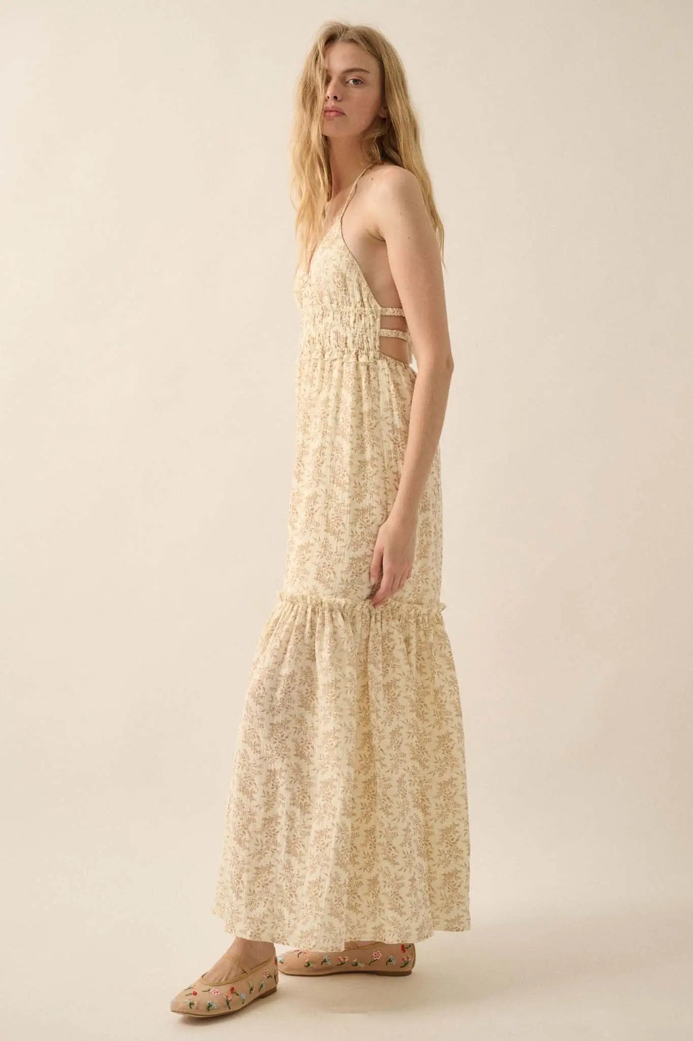 Pretty Posies Floral-Print Gauze Halter Maxi Dress