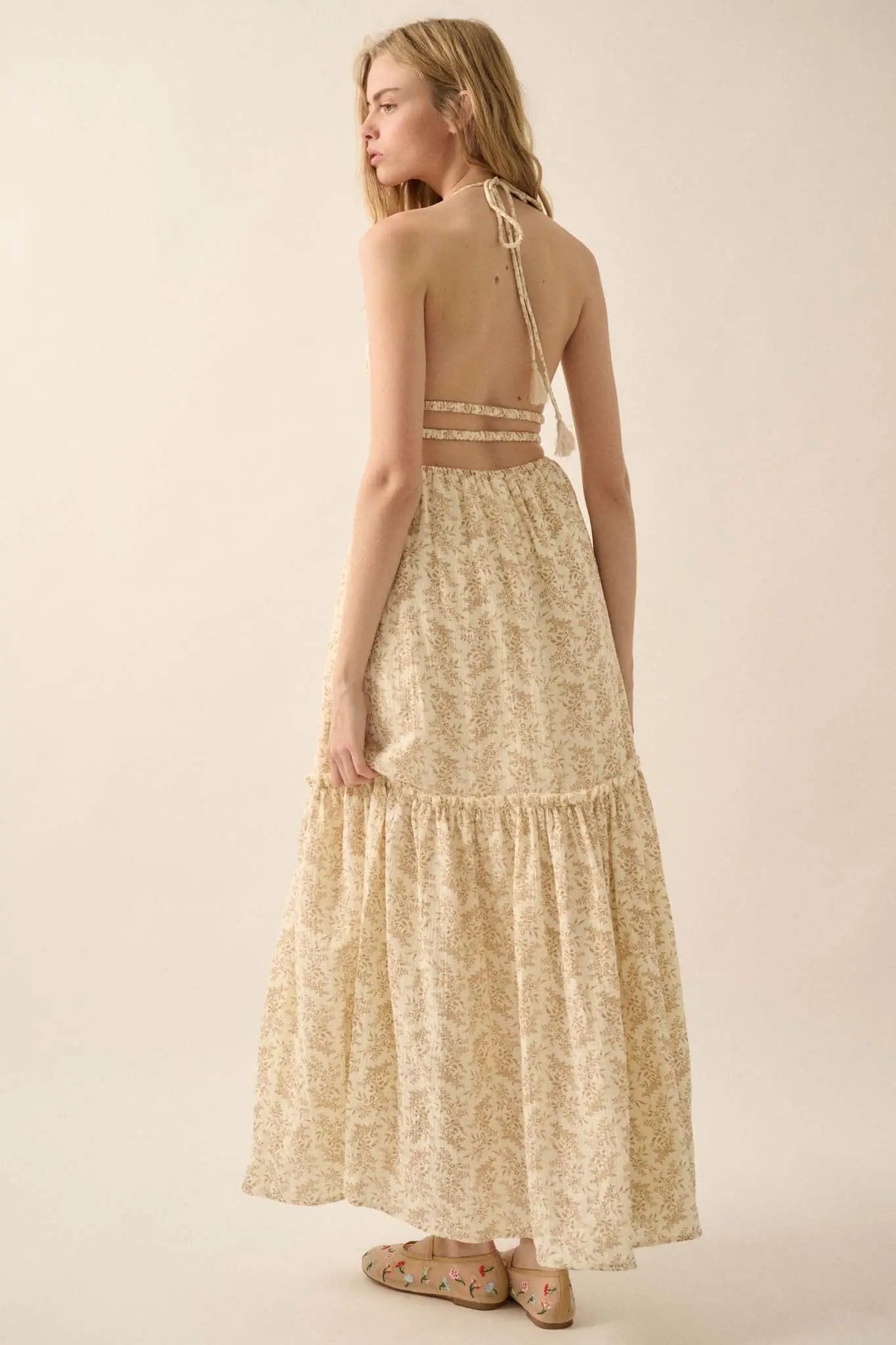 Pretty Posies Floral-Print Gauze Halter Maxi Dress