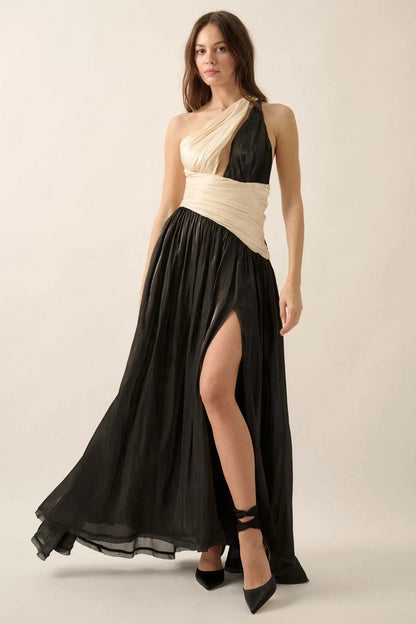 Magic Moment Shimmer Satin One-Shoulder Maxi Dress