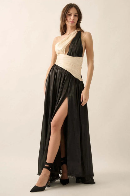 Magic Moment Shimmer Satin One-Shoulder Maxi Dress