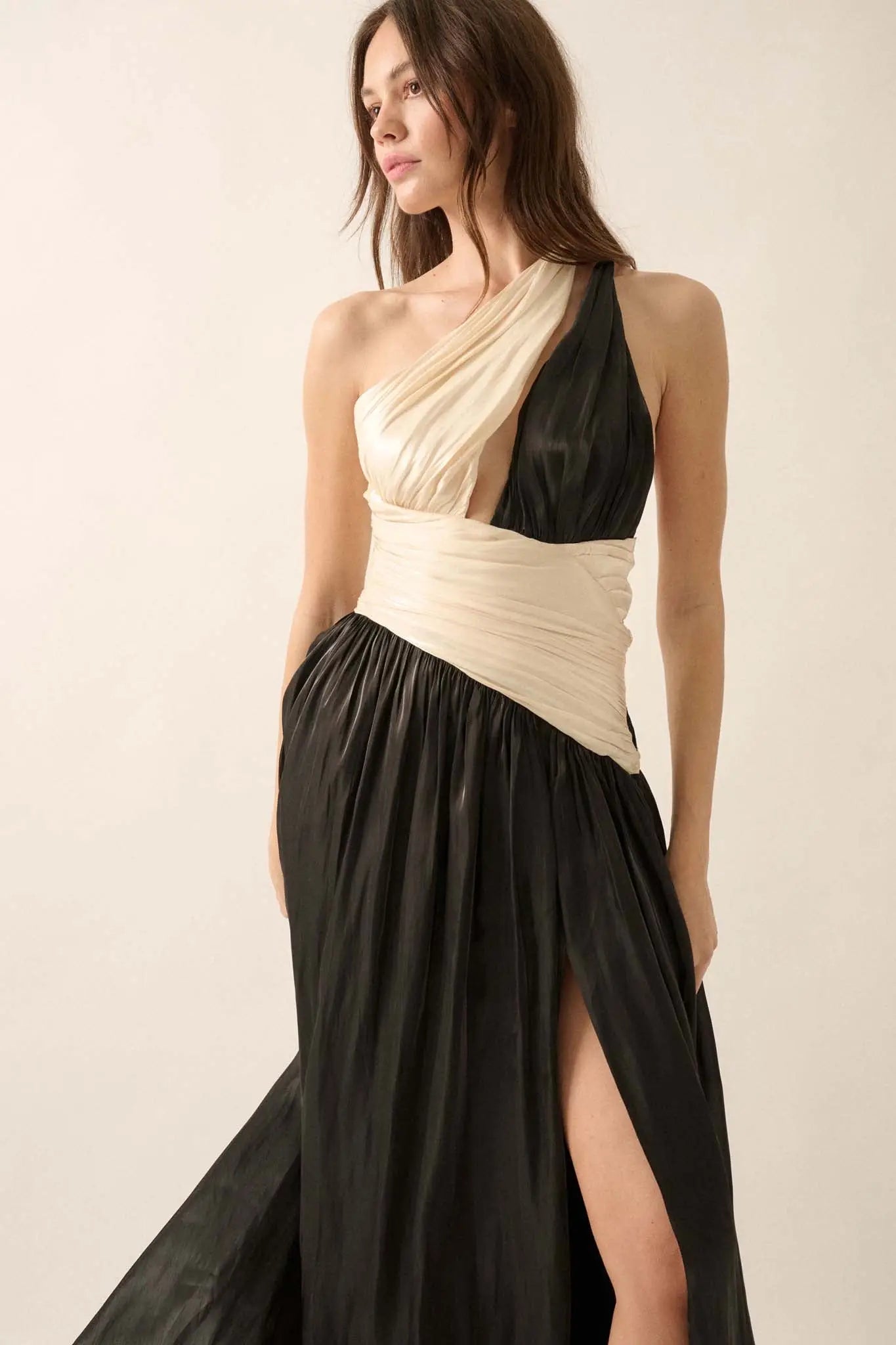 Magic Moment Shimmer Satin One-Shoulder Maxi Dress