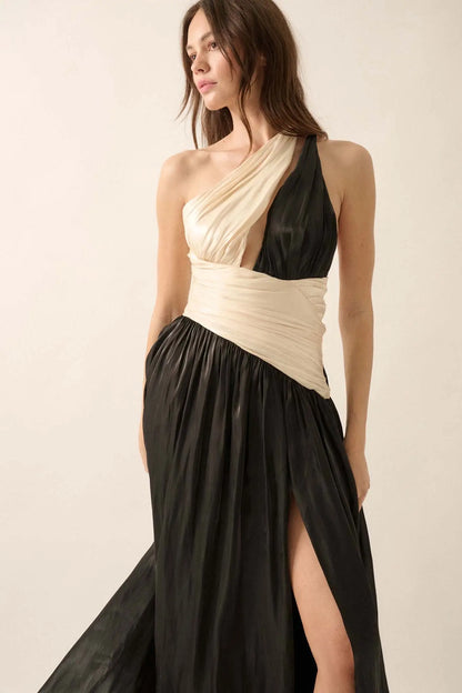 Magic Moment Shimmer Satin One-Shoulder Maxi Dress