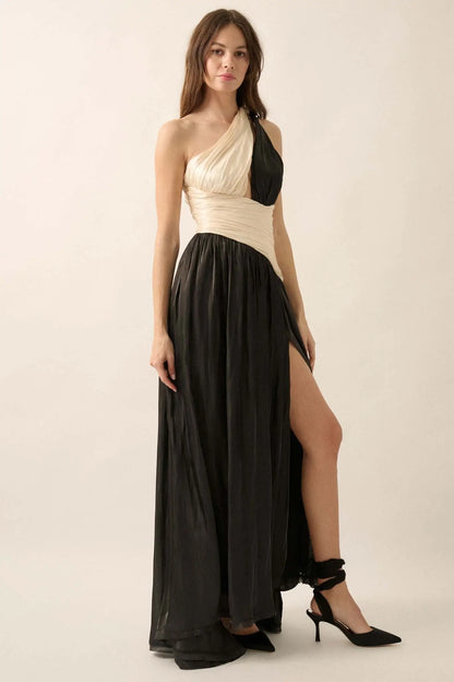 Magic Moment Shimmer Satin One-Shoulder Maxi Dress