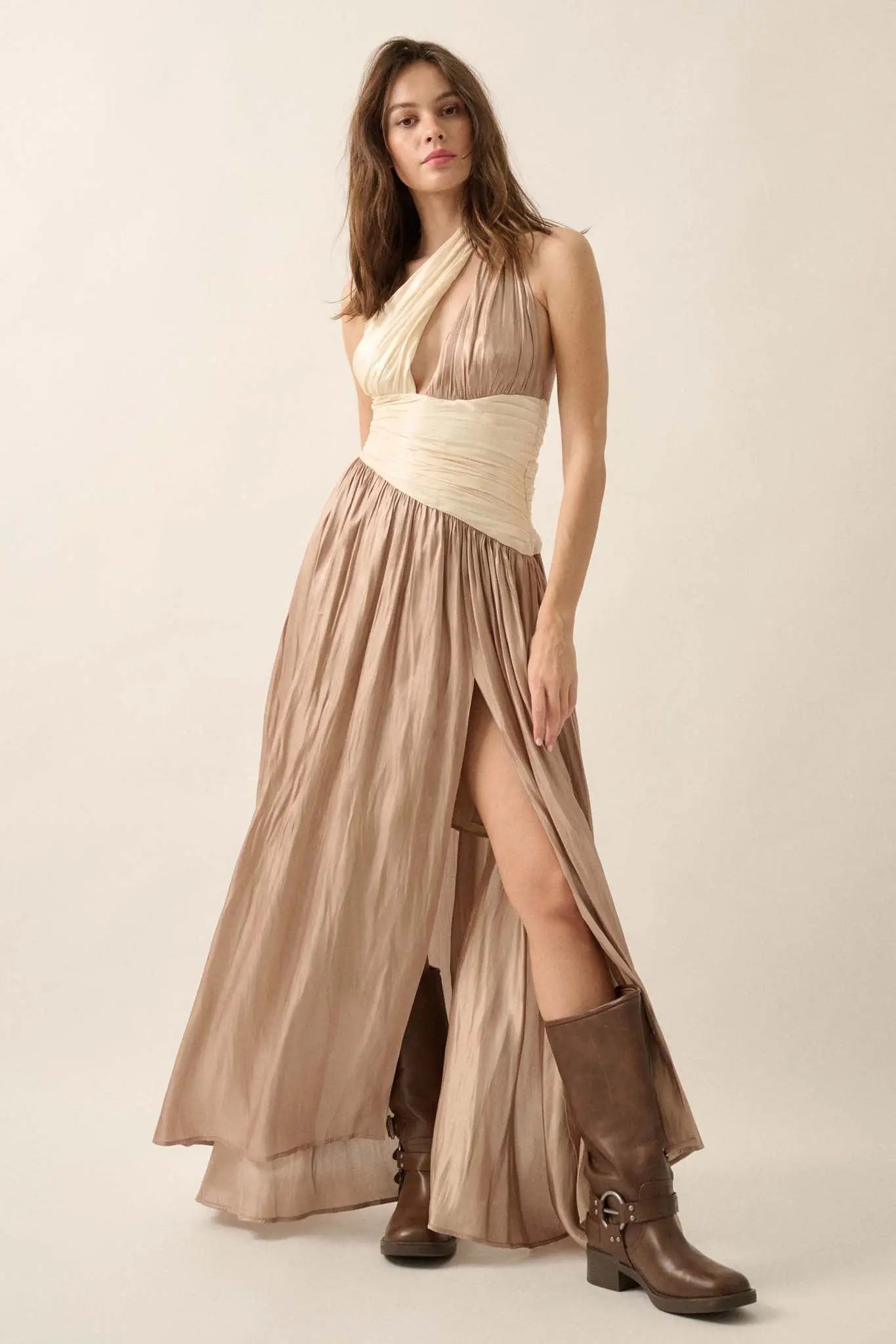 Magic Moment Shimmer Satin One-Shoulder Maxi Dress