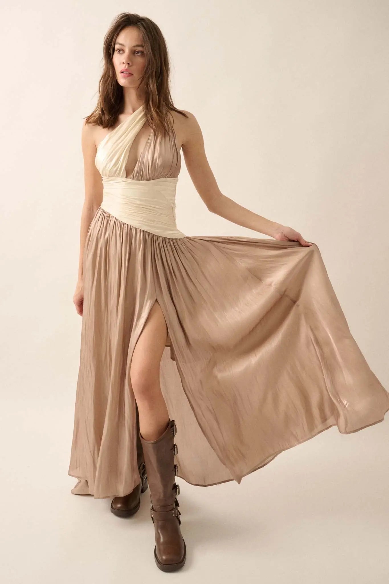 Magic Moment Shimmer Satin One-Shoulder Maxi Dress