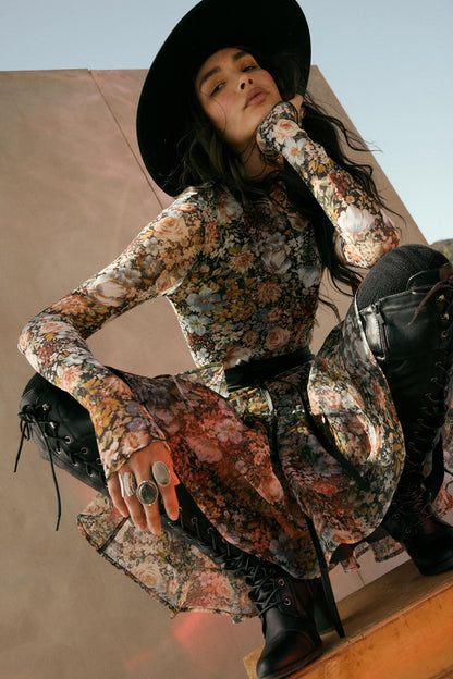 Fall Fantasia Floral Mesh and Organza Mini Dress