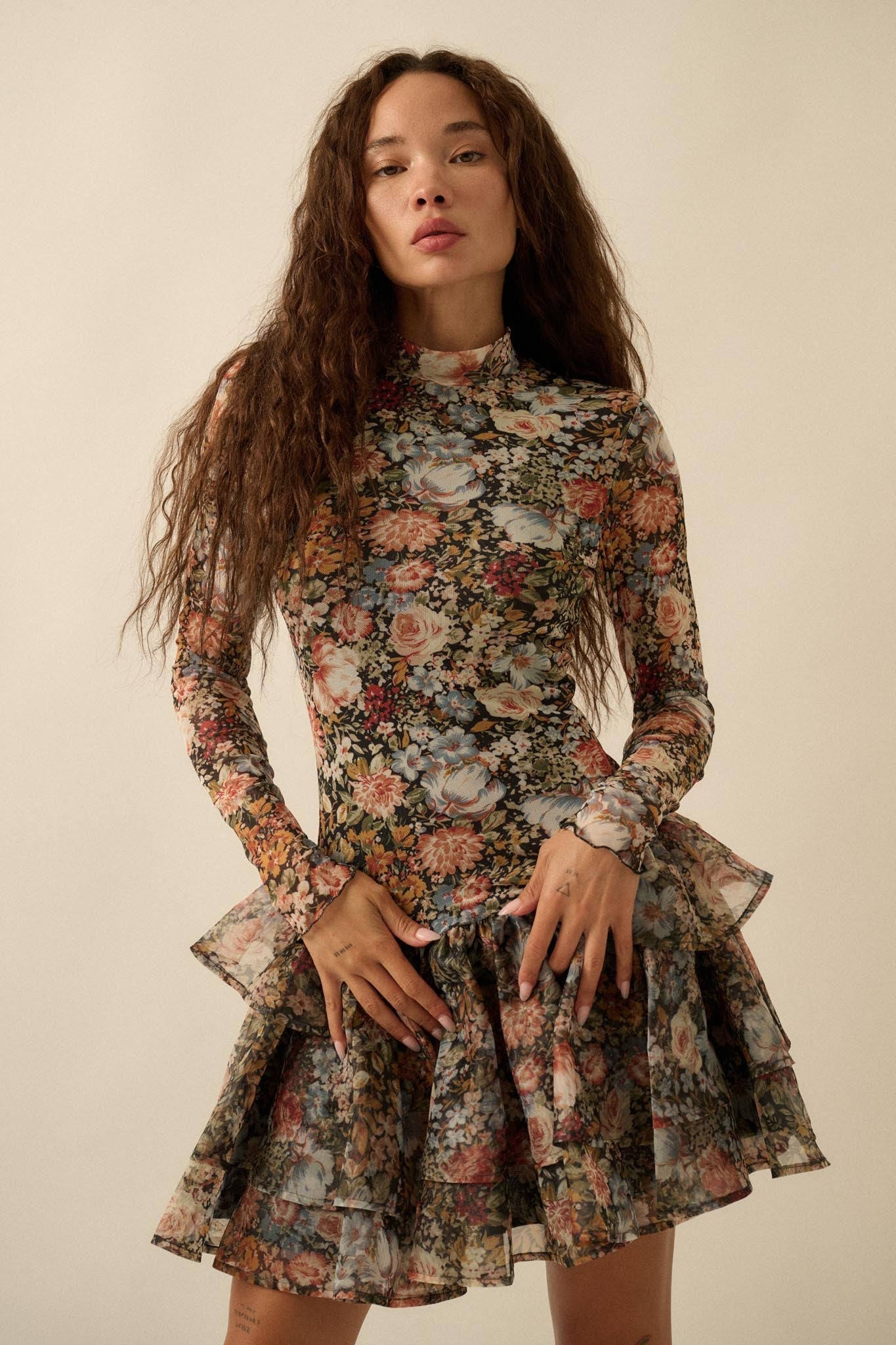 Fall Fantasia Floral Mesh and Organza Mini Dress