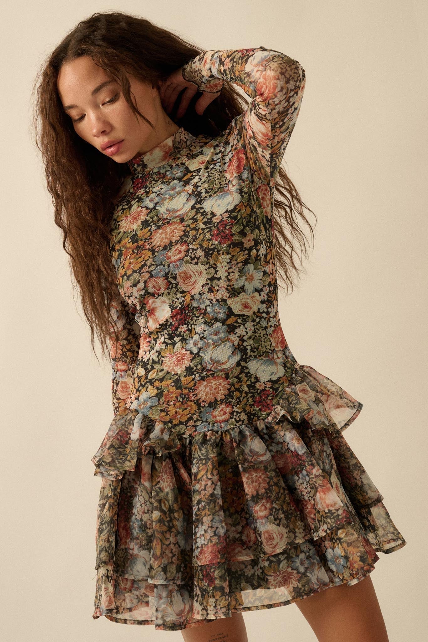Fall Fantasia Floral Mesh and Organza Mini Dress