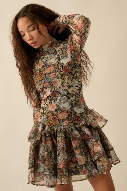 Fall Fantasia Floral Mesh and Organza Mini Dress