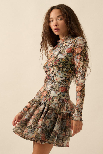 Fall Fantasia Floral Mesh and Organza Mini Dress
